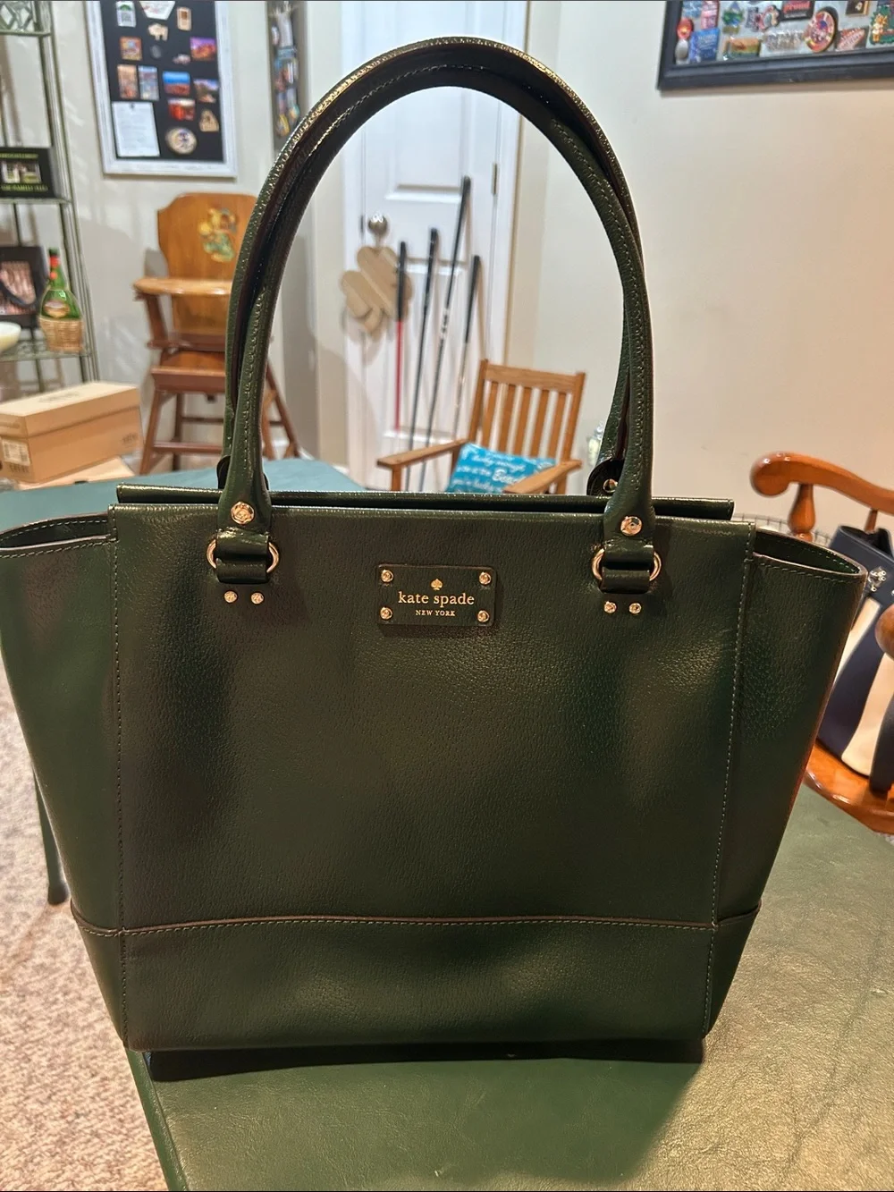 kate spade Dark Green Leather Shoulder Tote with Gold Hardware